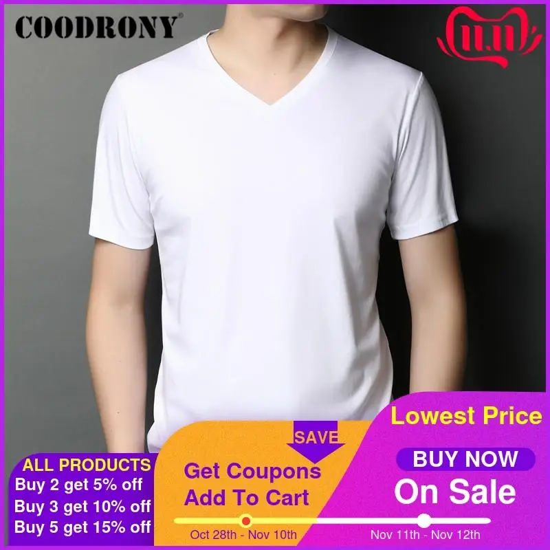 

COODRONY Brand Spring Summer Short Sleeve T-Shirt Classic Pure Color V-Neck T Shirt Men Cotton Bottoming Tee Shirt Homme C5044S