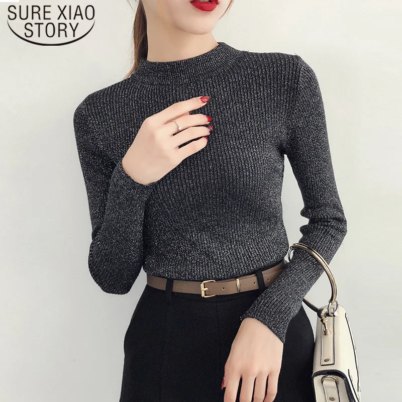 2022 Spring Winter Long Sleeve Sweater Women Shiny Pullover Basic Femme Turtleneck Korean Style Knit Tops 5042 |