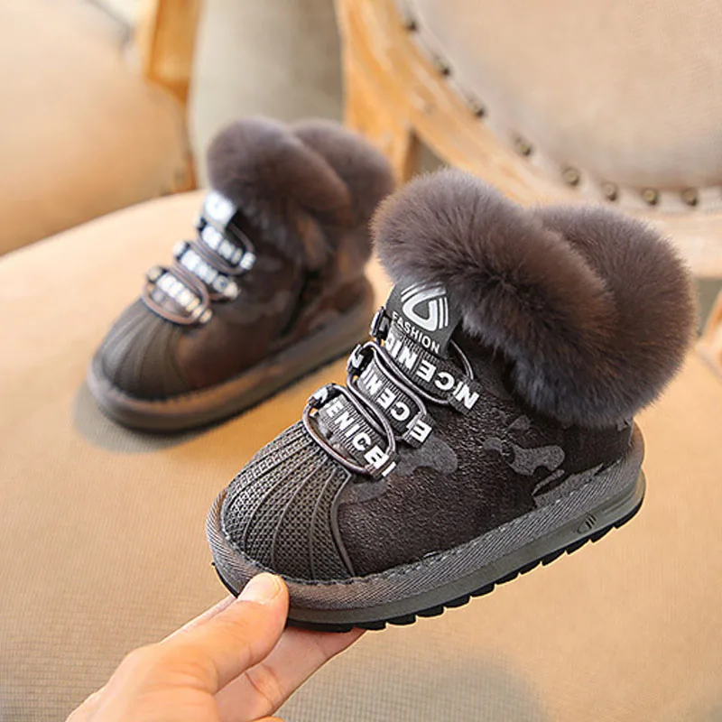 

Children Warm Snow Boots With Real Rabbit Fur Baby Fashion Camouflage Shell Head Cotton Shoes Boys Girls Soft Winter Boots