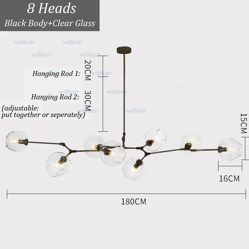 8 Heads Black-Clear Творческий Стекло подвесной светильник утюг с регулируемой Форма отель Холл кафе Mall Lounge Обеденная Спальня Nordic Висячие Подвеска Свет - Цвет корпуса: 8 Heads Black-Clear