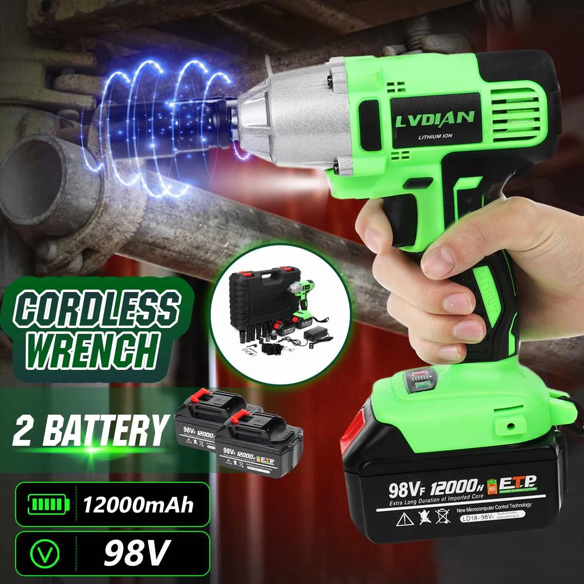

98V 12000mAh 2 Battery Cordless Electric Wrench Impact Wrench Battery Power Electric tool Electrician LED Light Screwdriver
