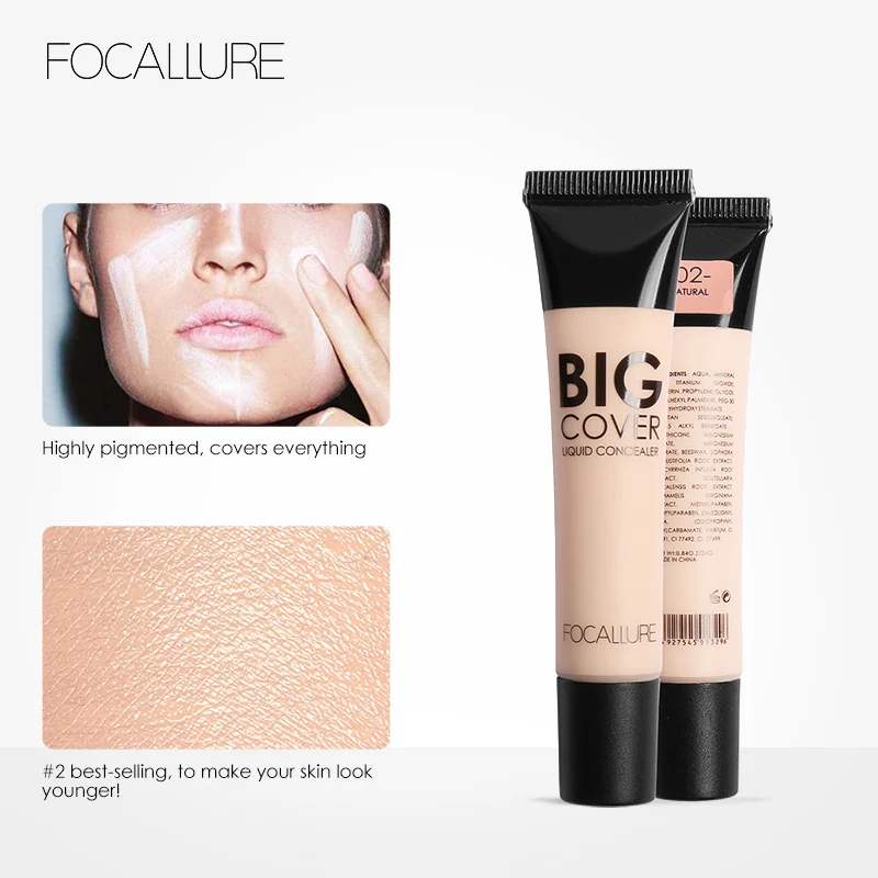 FOCALLURE Waterproof High Coverage Face Concealer Cream Long Lasting Face Scar Acne Cover Moisturizing Liquid Foundation Makeup