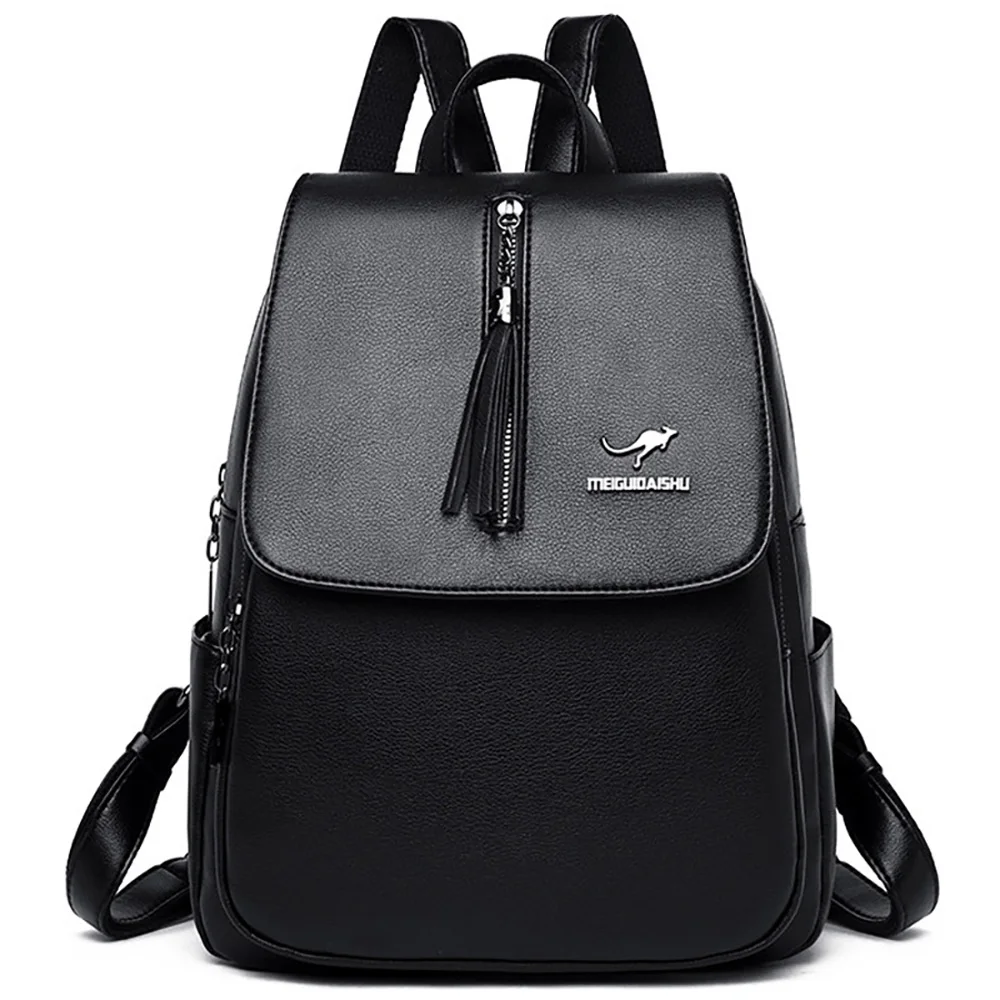 Высокое качество, женский черный рюкзак с кисточками, женские мягкие кожаные рюкзаки, школьные сумки для девочек, откидной Чехол, рюкзак для путешествий, Sac a Dos - Цвет: Black