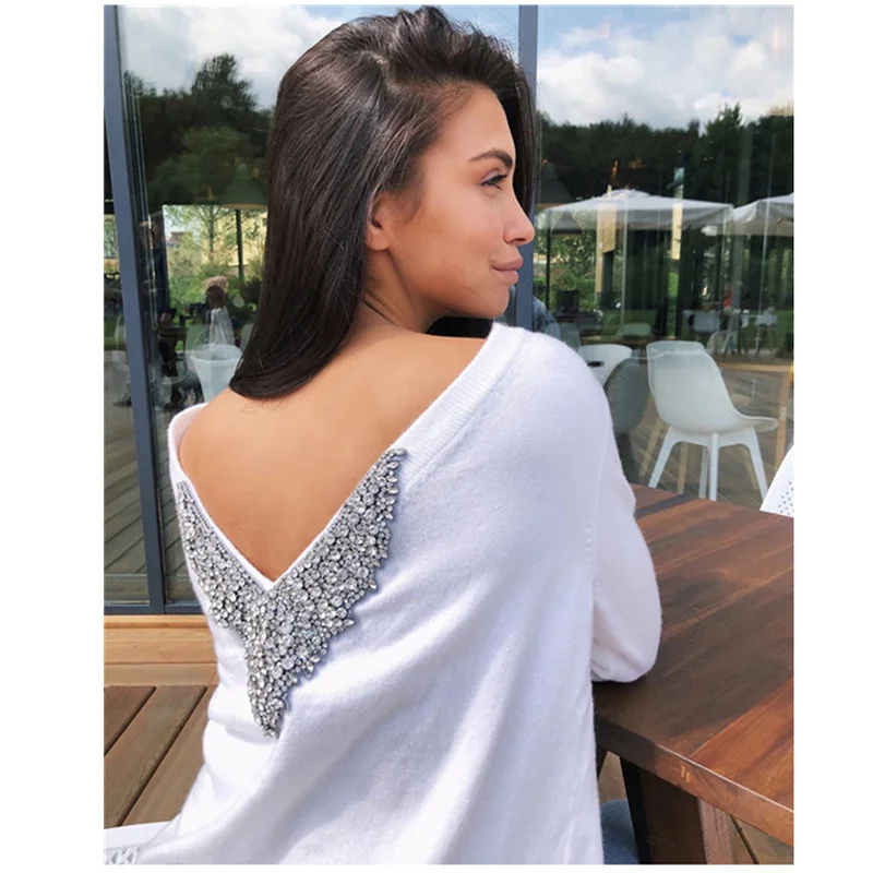 

2019 New Women Back Diamond Beading Deep V Neck Cashmere Woolen Sweater Warm Knit Female Warm Winter Clothing