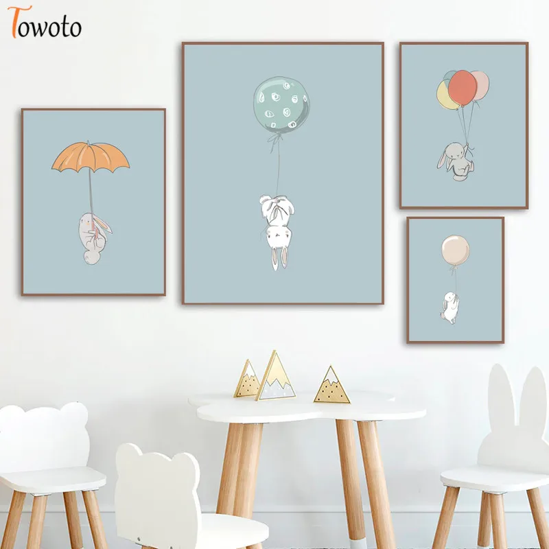 

Cute Rabbit Canvas Painting Flying Bunny with Balloon Print Animal Poster Pastel Nursery Wall Art Baby Room Decoration Pictures