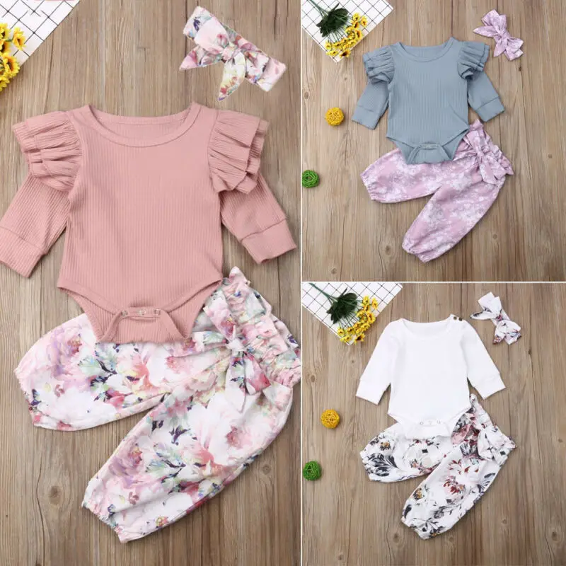 3PCS Newborn Infant Kid Baby Girl Clothes Ruffle Solid Knitted Romper Leggings Flower Pants Outfits Autumn Warm Clothing 0-24M