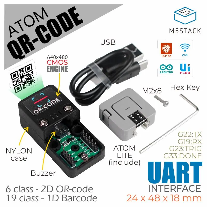 M5Stack Official ATOM 2D/1D Barcode Scanner Kit Handheld WiFi Bluetooth QR-Codes Bar