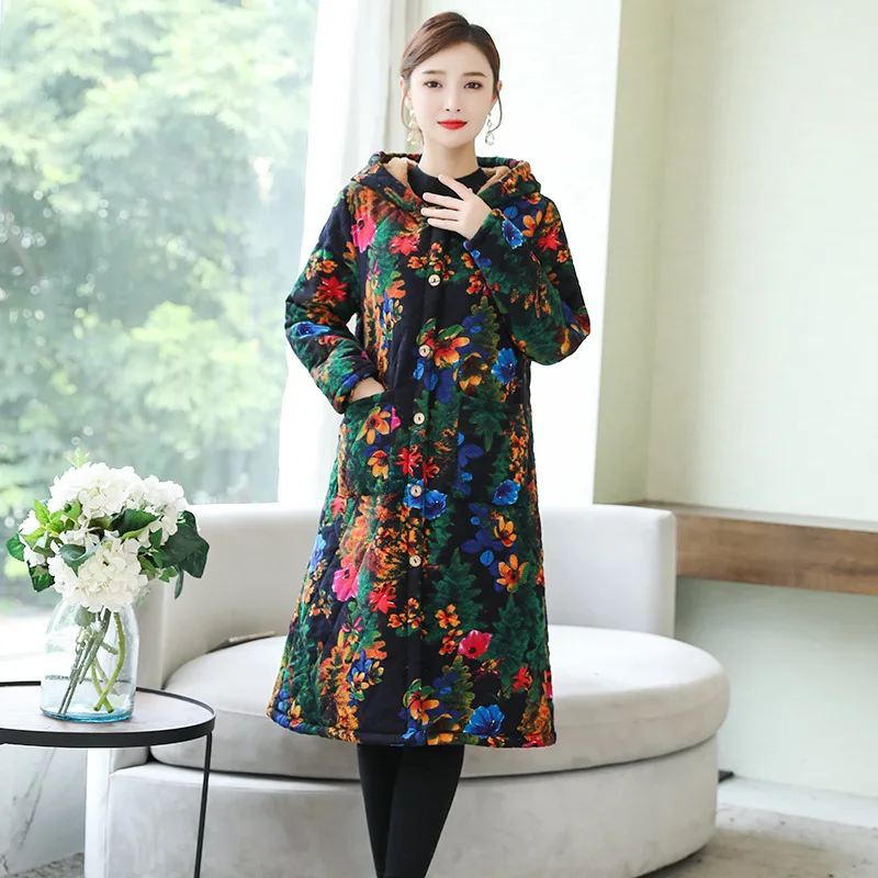 

Photo Shoot Winter New Style Ethnic-Style WOMEN'S Dress Retro Printing plus Velvet plus Cotton Warm Large Size Mid-length Hooded