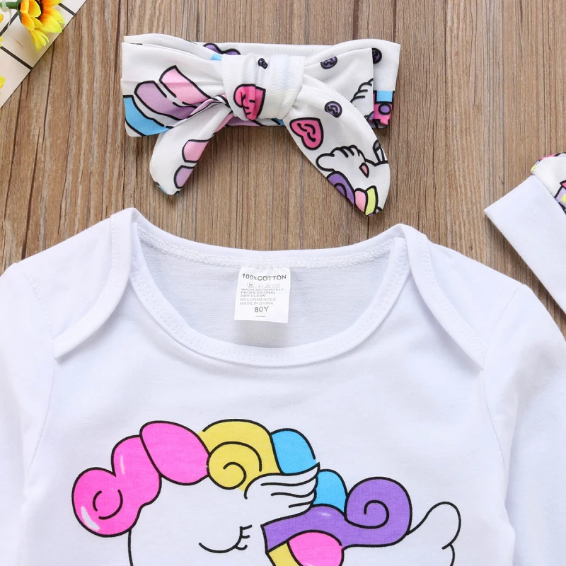 Autumn Newborn Baby Girl Unicorn Print Clothes Long Sleeve Romper Pants Leggings Hat 4Pcs Outfits Clothes 0-18M