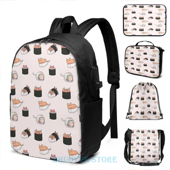 

Funny Graphic print Sushi Cats USB Charge Backpack men School bags Women bag Travel laptop bag