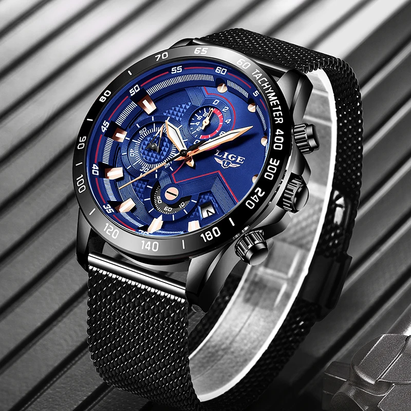 

relojes hombre 2019 New Mens Watch LIGE Fashion Casual watch for Men Date Quartz Wrist Watches Sports Chronograph Mesh Steel Watch