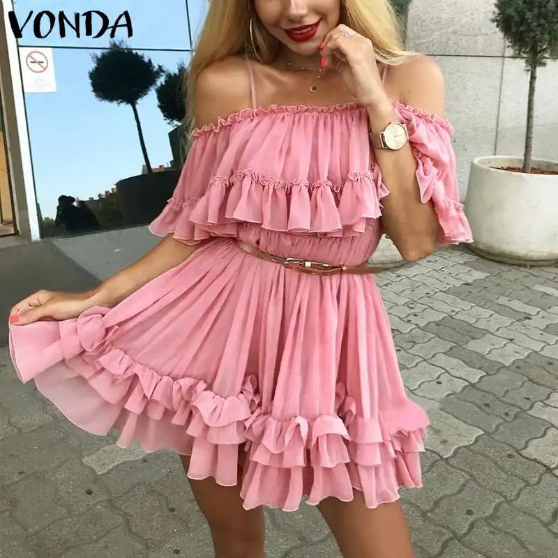 VONDA летнее платье для беременных, сексуальное мини-платье с открытыми плечами и оборками, элегантное пляжное платье, женские богемные вечерние платья