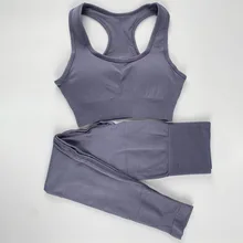 Conjunto sem costura de cores sólidas para ioga, vestimenta esportiva para academia, sutiã, legging, roupas de treino para mulheres, 2 peças