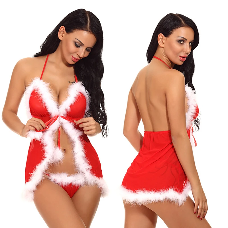  Women Sexy Pajamas Babydoll Sleepwear Ladies Red Christmas Underwear Lady Backless fun with straps 