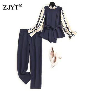 

Office Lady Two Piece Outfits Autumn Suit Women Designers Fashion Long Sleeve Print Patchwork Top and Pants Matching Sets