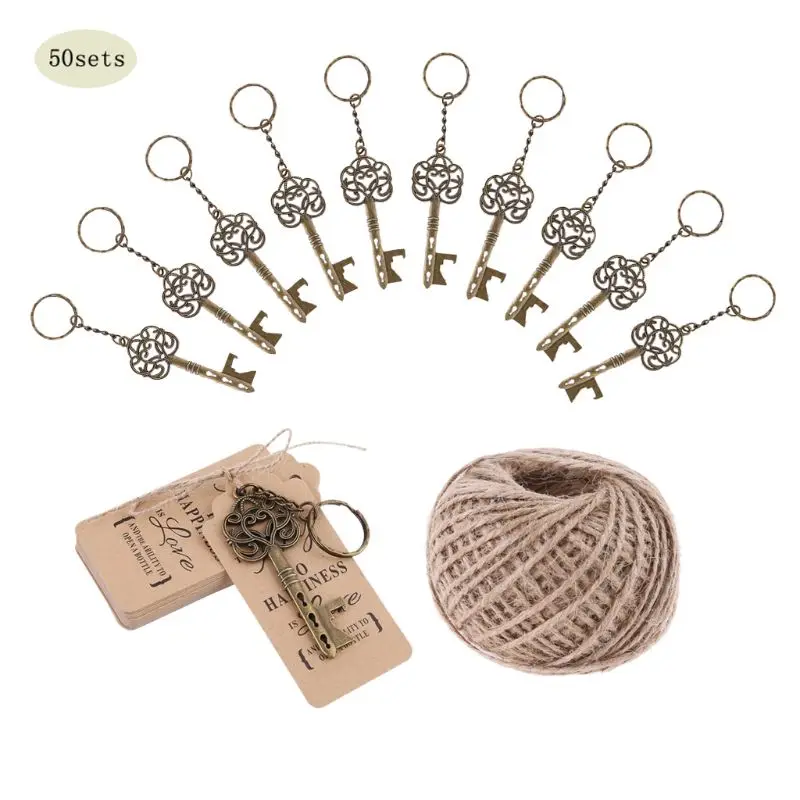 

50x Vintage Key Bottle Opener +Tag Card Keychain Wedding Party Favors Souvenirs