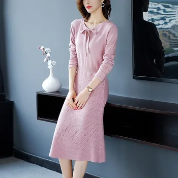 

Autumn Winter Knitted Sweater Dress Women Long Sleeve O-Neck Elastic Pleated Dress Party Solid Knee-length High Waist Midi Dress