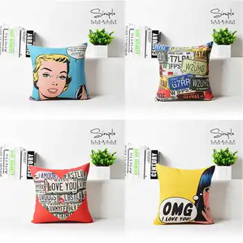 

Fashion Retro Pop Art USA Multi Plates Flax Linen Pillow Soft Room Gift Single Sides Printing Case Girl Cushion Case 18"