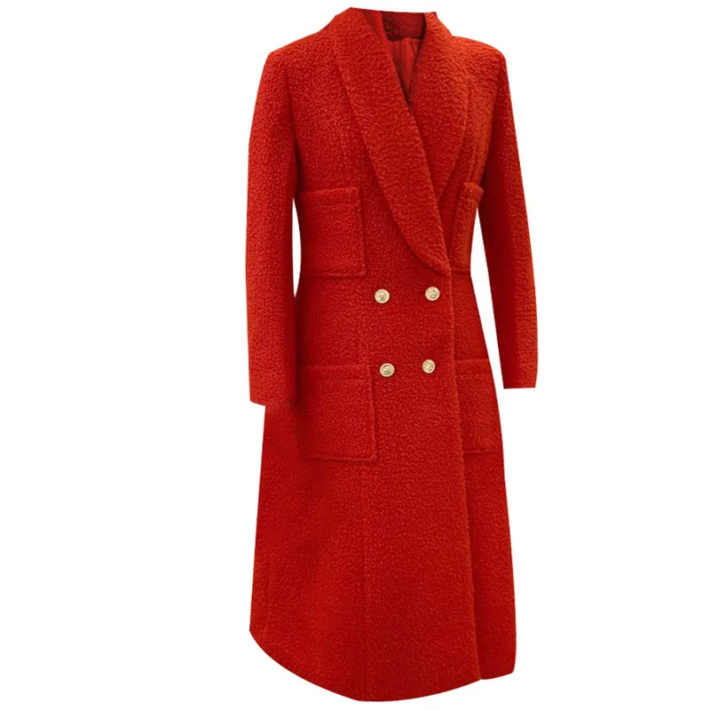 New Arrival Fashion Red Cashmere Overcoat Women Double Breasted Slim Thick Warm Wool Blends Long