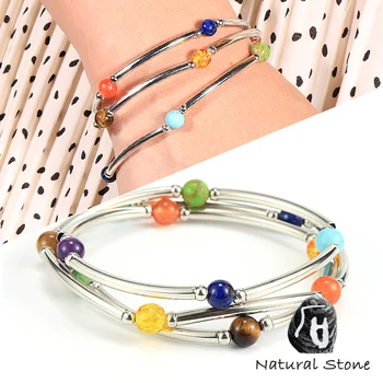 

Women Girls Natural Stone 7 Chakras Healing Balance Bracelet Reiki Prayer Yoga 6mm Beads Copper Tube Bangle Wrist Chain Jewelry