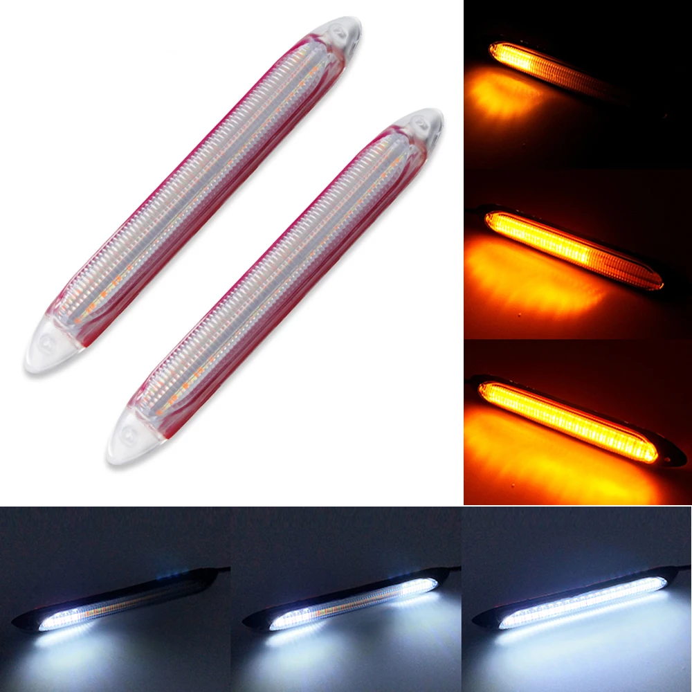 

2Pcs Universal Car White LED Drl Daytime Running Light Headlight Strip Sequential Flow Yellow Turn Signal Sillion Waterproof