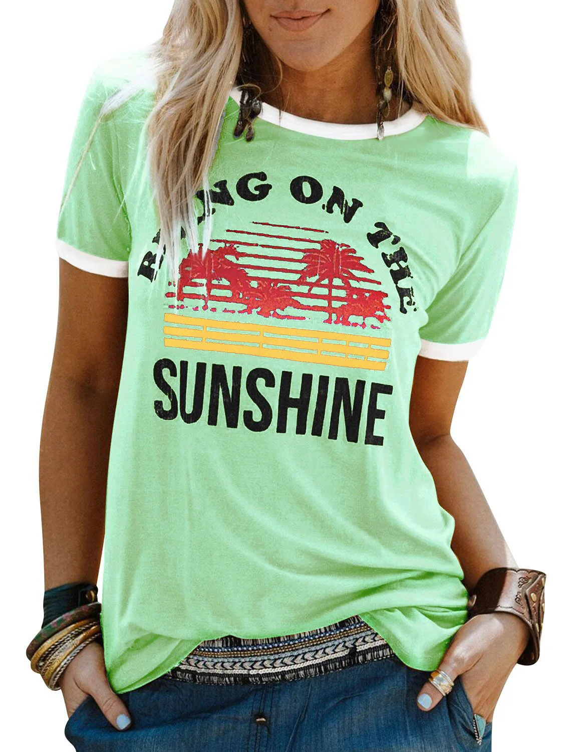 8 цветов Для женщин футболка летние шорты рукав футболки принести на солнце с буквенным принтом Футболки Femme хлопок Harajuku плюс размер - Цвет: Зеленый