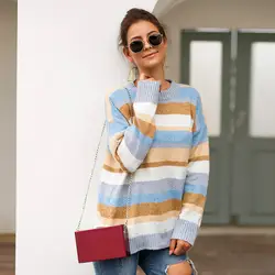зимний свитер женский мода осень 2019 вязаная кофта с длинным рукавом свободный свитер в полоску джемпер хлопок женские кофты больших
