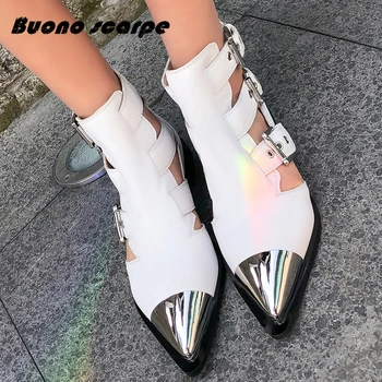 

Buonoscarpe 2019 Genuine Leather Punk Sandals Women Metal Pointed Toe Flat Sandals Buckle Spring Ladies Gladiator Shoes Female