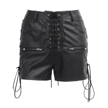 

Black PU Leather Lace Up High Waist Hot Pants For Women Punk Hip Hop