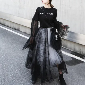 

Fashion High Waist Womens Lace Fairy Five Layers Voile Tulle Skirts Black and White Stitching Mesh Bouffant Long Tutu Skirts