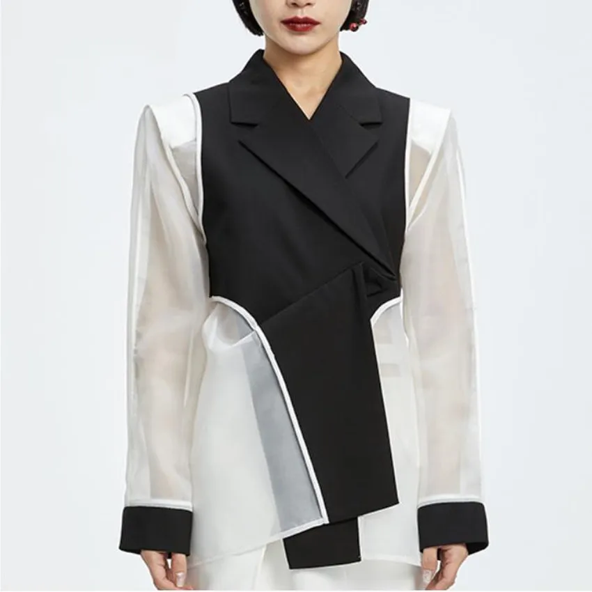 

Женский блейзер с длинным рукавом, асимметричный элегантный сетчатый блейзер в офисном стиле для лета