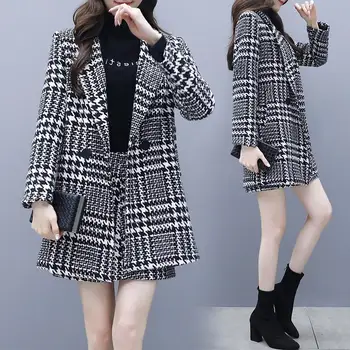 

Autumn Fashion 2 Pcs Sets Winter Elegant Houndstooth Long Woolen Coats+Short Skirt Plus Size Women Clothing Sets 2 Pieces Suits