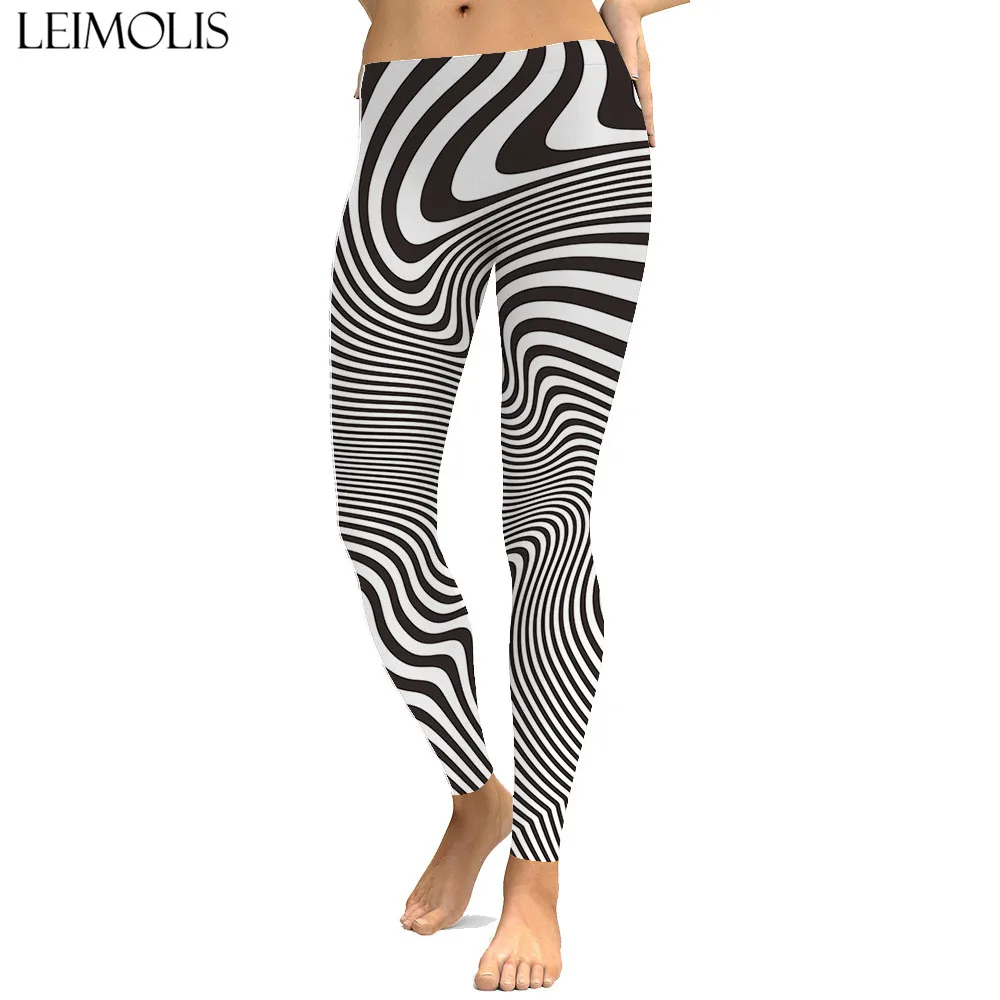 

LEIMOLIS sexy Dizzy lines black white print push up leggings plus size women fitness workout punk high waist spandex leggins
