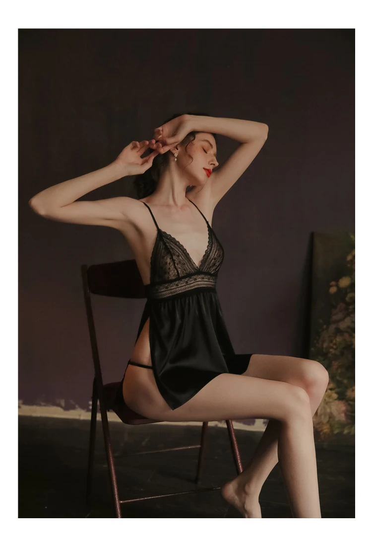 Черный, белый цвет сексуальные пижамы Ice Silk(искусственное волокно Лето Высокое Разделение прозрачный Для женщин сна костюм футболка с шортами и ремешками через подъем, декорированные кружевом и бисером, одежда для сна, одежда для сна