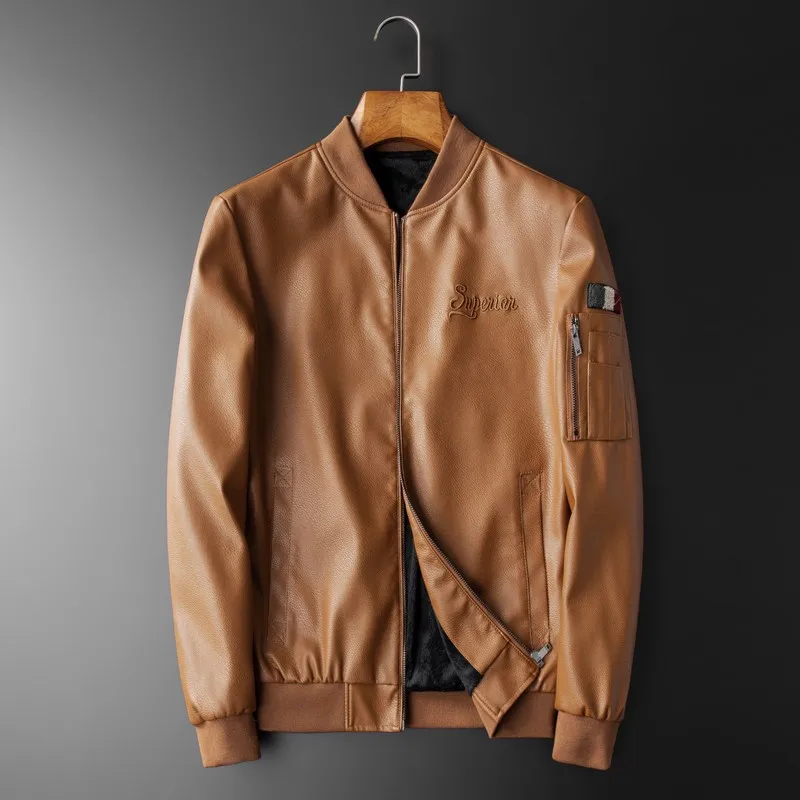 

Leather Jacket Youth Men Casual Jacket PU Jacket Baseball Uniform Stand Collar Spring And Autumn New Style Leather Coat