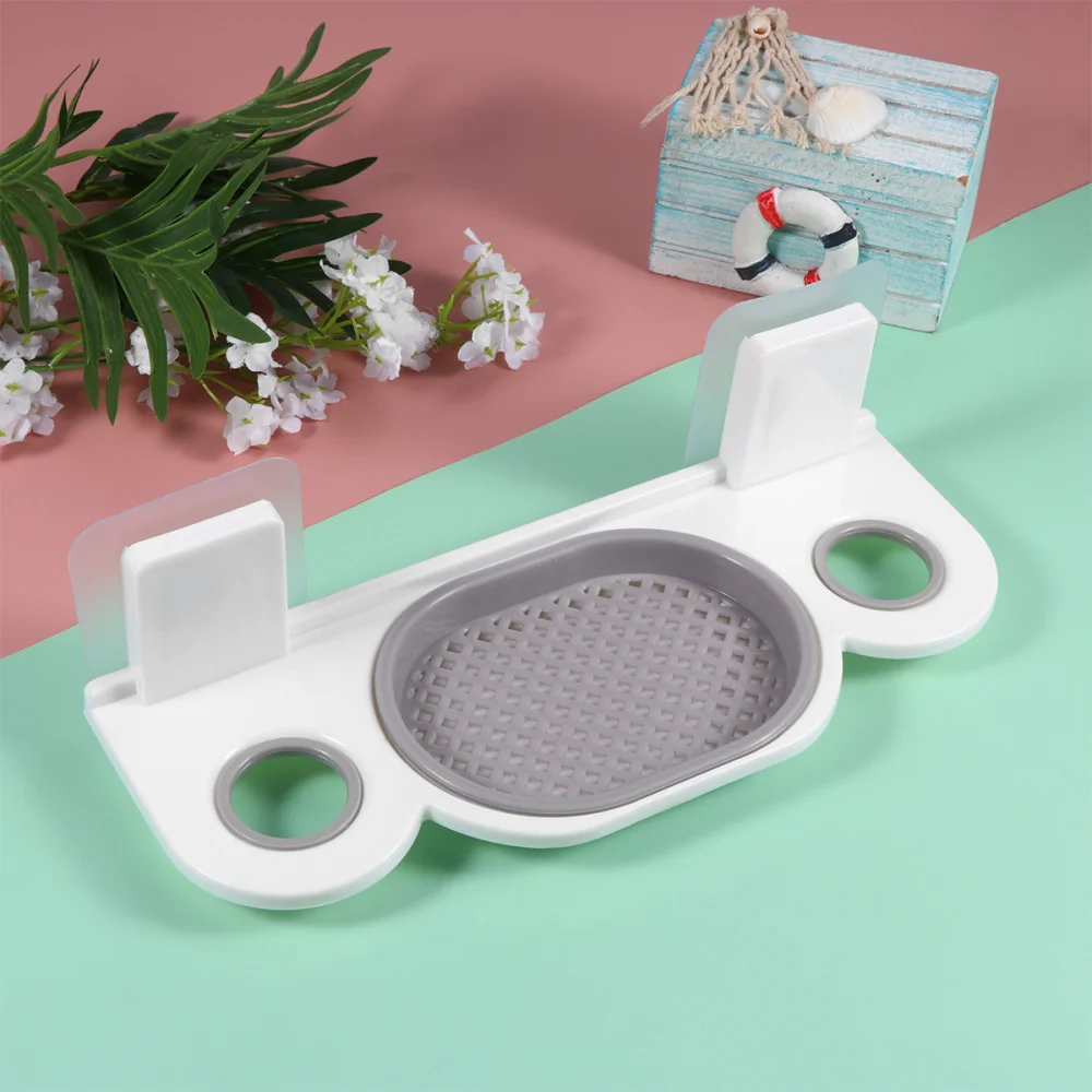 

Plastic Wall Mounted Soap Dish with Hand Sanitizer Holder Hanging Rack Shampoo Shelf for Bathroom (White+Blue)