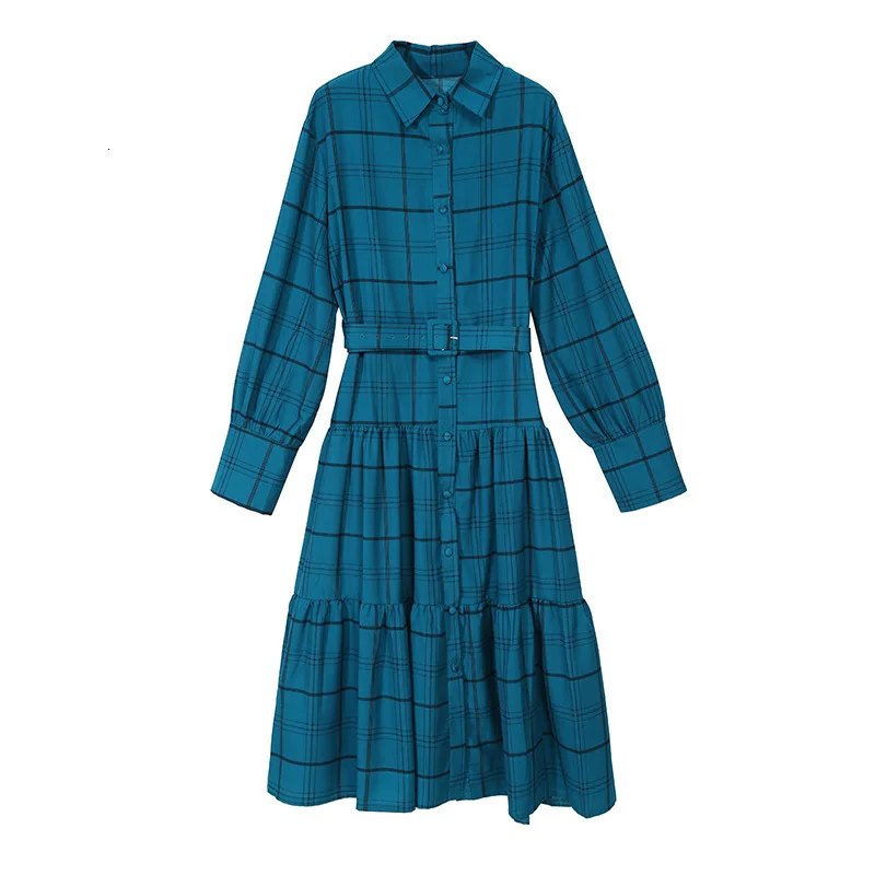 [EAM] женское Красное Клетчатое длинное платье с принтом, новинка, с отворотом, длинный рукав, свободный крой, мода, весна-осень, 19A-a869 - Цвет: blue