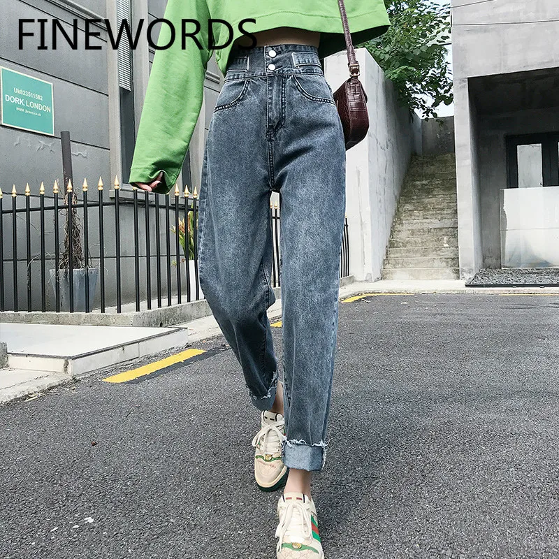 

FINEWORDS 2020 High Wasit Boyfriend Vintage Jeans Korean Classic Blue Denim Harem Pants Harajuku Streetwear Baggy Jeans Femme