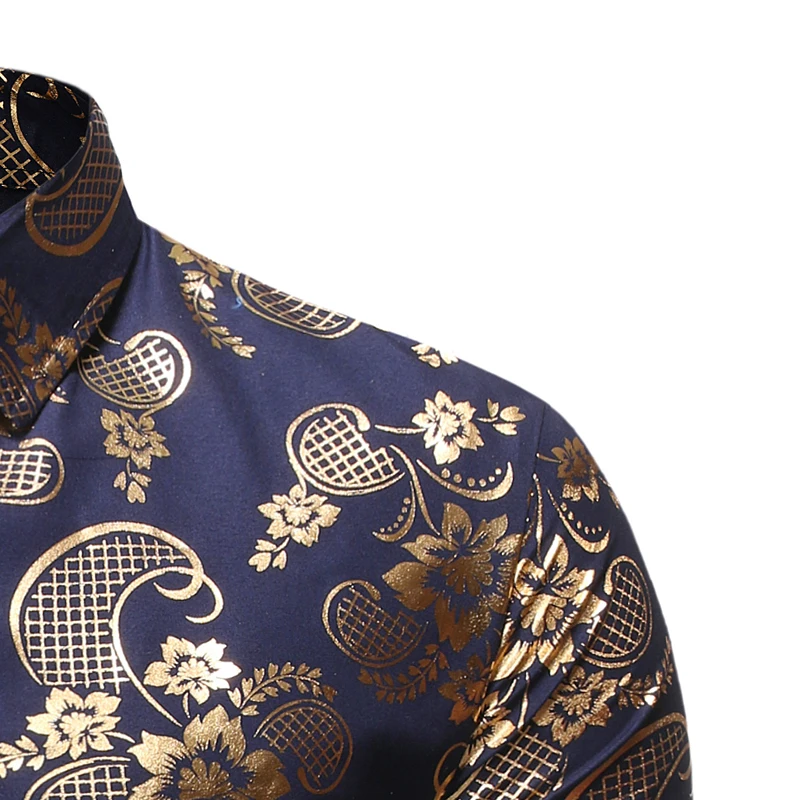 Black Floral Shirt Men Luxury Brand Bronzing Print Mens Dress Shirts Party Wedding Groom Shirt Male Camisa Social Masculina