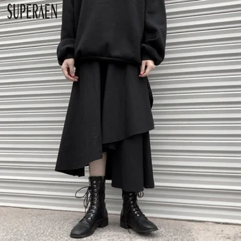 

SuperAen New 2020 Spring Women Skirts Solid Color Cotton Wild Ladies Skirts Elastic Waist Korean Style Skirts Female