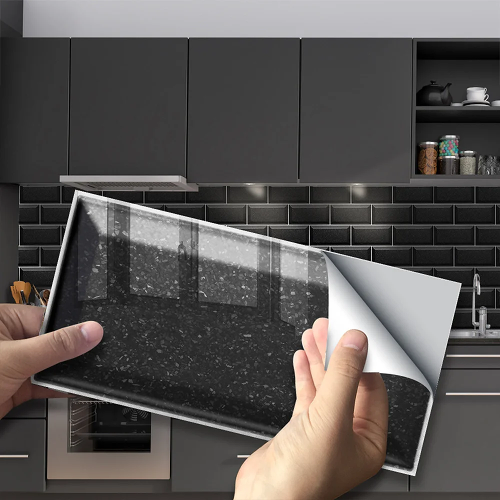

9Pcs Black Terrazzo PVC Long Brick Wall Stickers Kitchen Bathroom Waterproof Self-adhesive Tiles Wall Decor 20x10cm