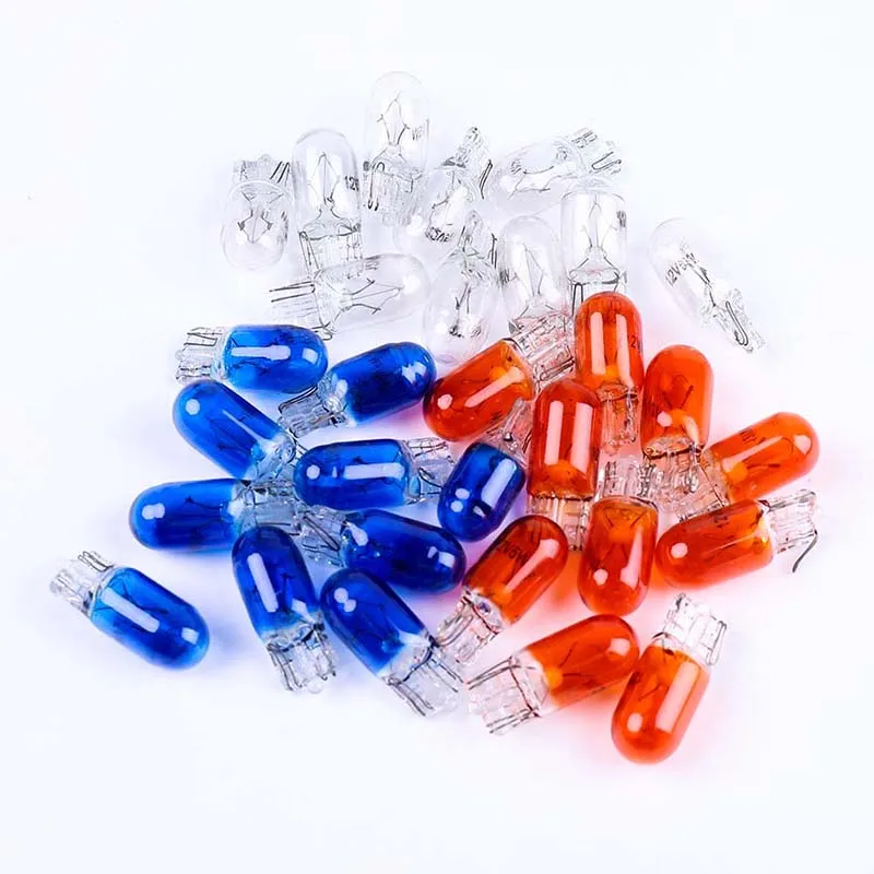 10Pcs-Set Car 12V 5W Original T10 Halogen Bulbs Blue-Red-White Glass Light Lamp Bulb Replacement Acc