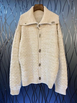 

2020 New Style for Autumn and Winter Women's Clothing-Lapel Golden Buckle Decoration Long Sleeve Wild Cardigan Coat Sweater 910