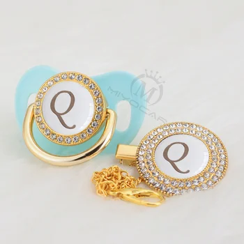 

MIYOCAR name Initial letter Q lovely silver bling pacifier and pacifier clip BPA free dummy bling unique design LQ-W