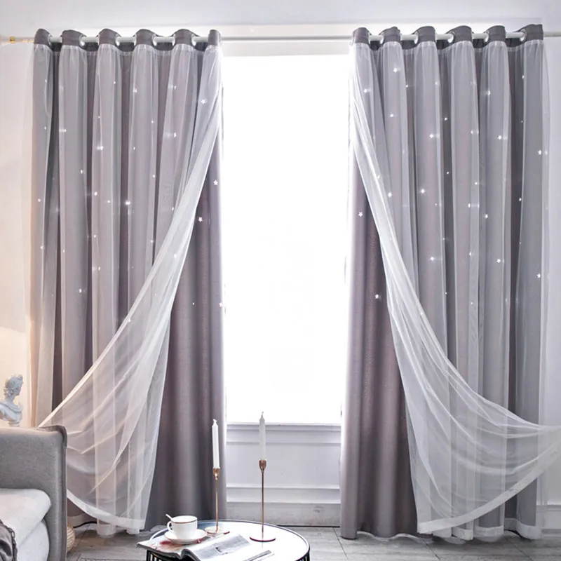 Description Picture 6 of itemDouble Layer Blackout Hollow Starry Star Curtains in the living room Lace Shade Curtain Tulle Cloth for Home Living Room Decor