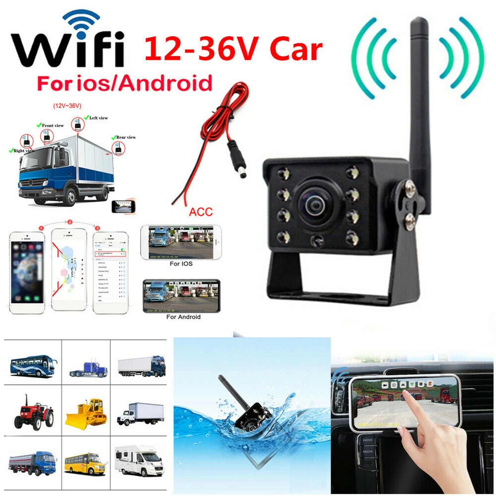 Wi-Fi беспроводная автомобильная камера заднего вида для грузовика 12V ~ 36V