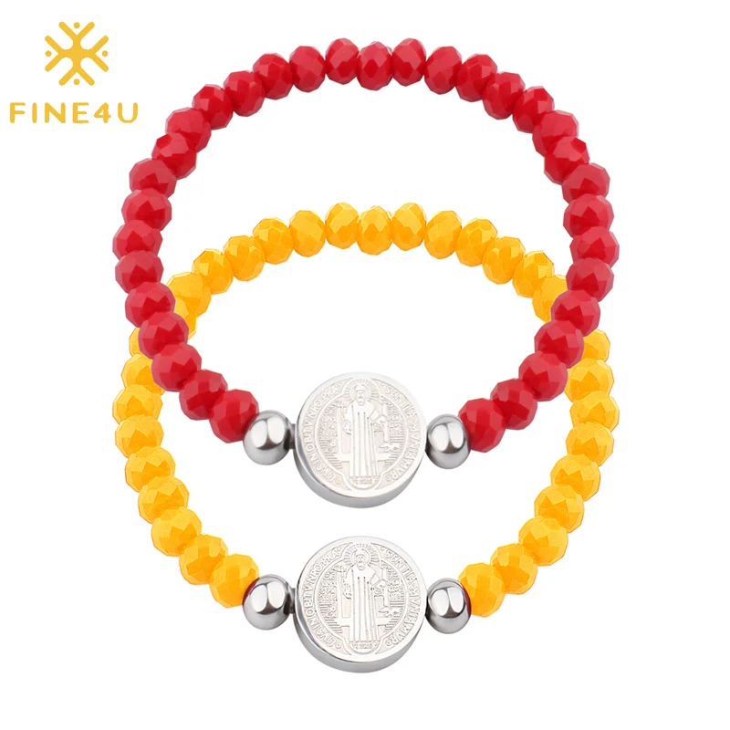 

FINE4U B198 Stretch 6mm Faceted Glass Beads Bracelets Stainless Steel Jesus Charm Bracelet For Rosary Jewelry Making