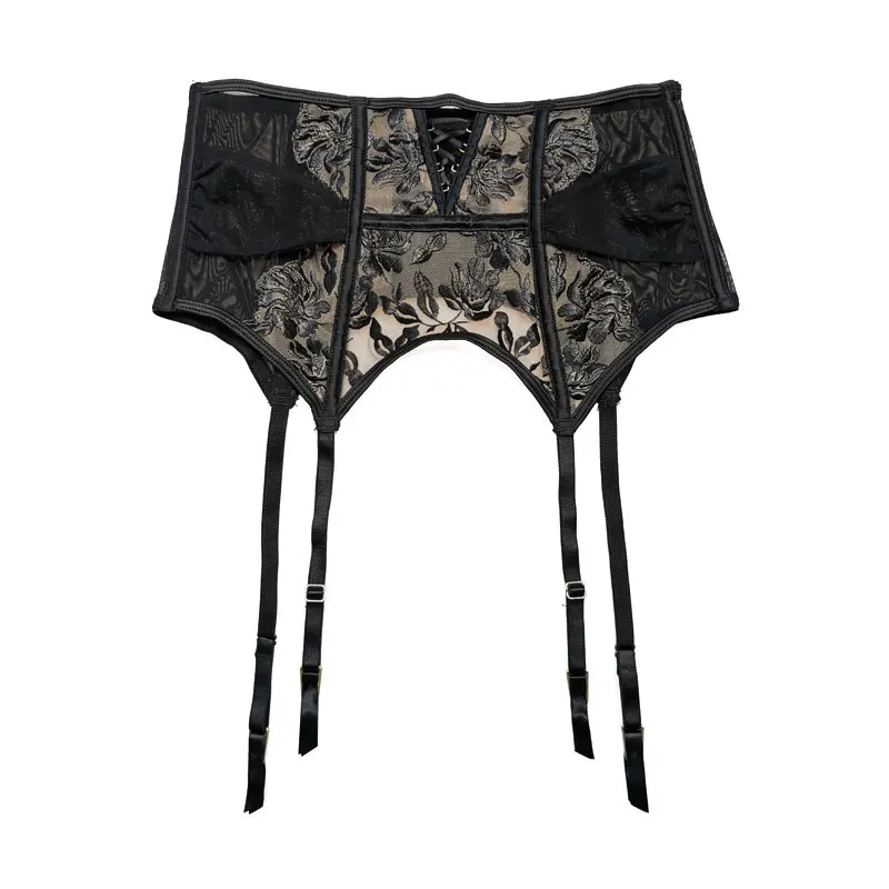 Black Embroidery Gauze Metal Clips Cross Straps Hollow Out Fishbone