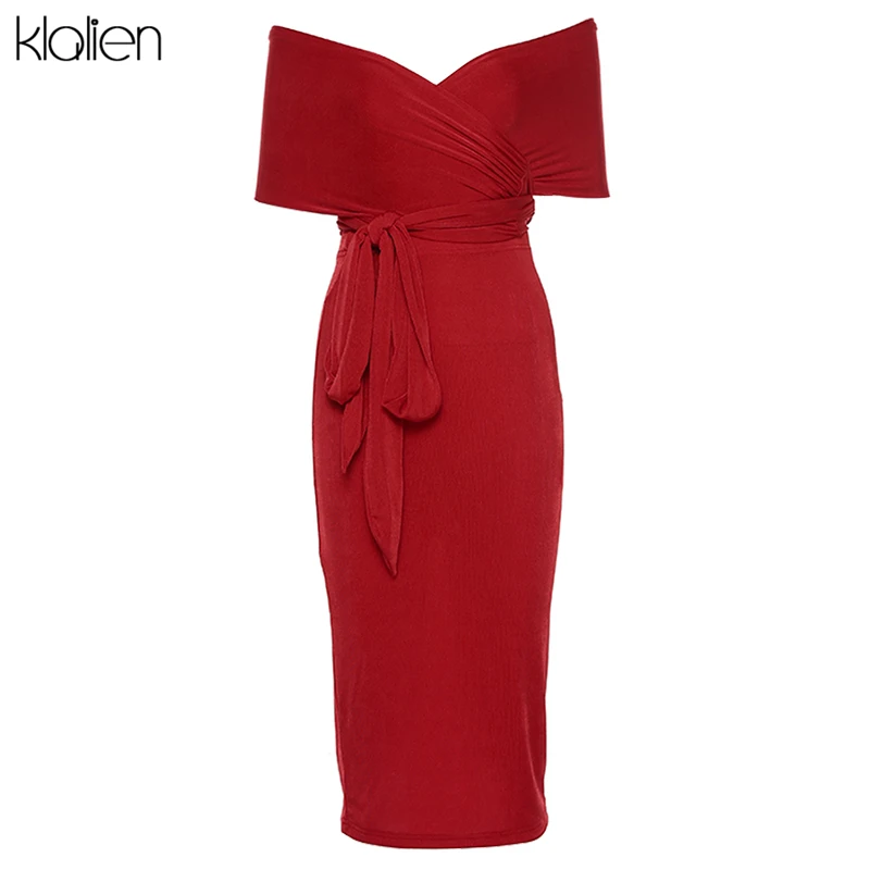 KLALIEN Autumn Elegant stretch Slim off shoulder midi Dress women fall winter Sexy club Party night Strapless bodycon Dress