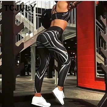 

TCJULY Streamer Stripe Printed Legins Women High Waist Push Up Workout Pants Breathable Quick Dry Stretchy Slim Fitness Leggings